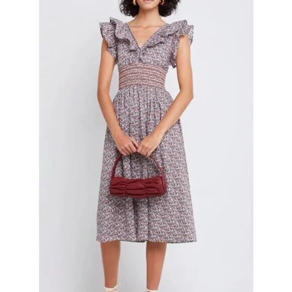 Anthropologie Dresses & Skirts - Anthropologie OPT Scilla Midi Dress Floral Ruffle V-Neck Smocked, Purple/ Red